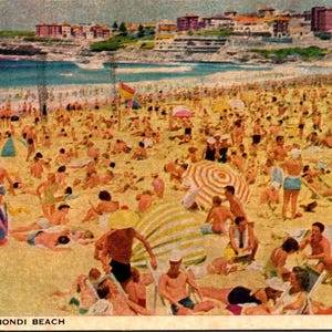 Carte postale couleur VTG Summertime Bondi Beach sydney N.S.W. Australie postée 1961