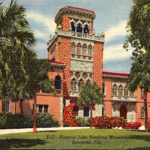 Cartolina d'epoca famosa John Ringling Mansion S-51 Color Linen, pubblicata nel 1951