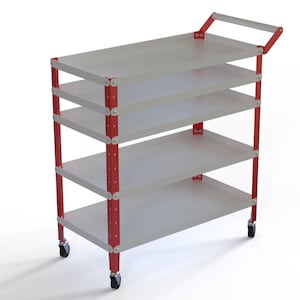 May include: A four-tiered utility cart with a red frame and gray shelves. The cart has a handle and rolls on four black caster wheels. The shelves are evenly spaced, and the cart appears to be made of metal.