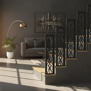 Puede incluir: Un interior moderno con una escalera con barandillas decorativas negras y escalones de madera clara. La habitación tiene una combinación de colores grises con un sofá, una lámpara de pie y una planta en maceta. El diseño es minimalista y contemporáneo.