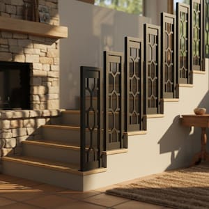 Puede incluir: Una escalera con escalones de madera y barandillas decorativas de metal marrón oscuro. Las barandillas tienen un diseño geométrico. Las escaleras conducen a un segundo piso. Una chimenea es visible en el fondo.