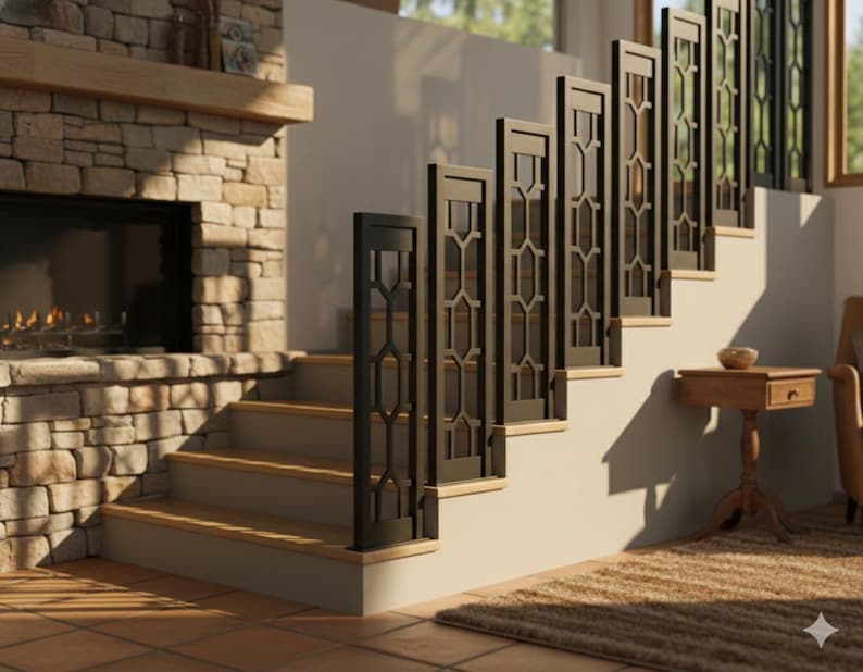 Modern Black Metal Stair Railing: Industrial Wall-Mounted Handrail, Step Grab Bar, and Bracket Set