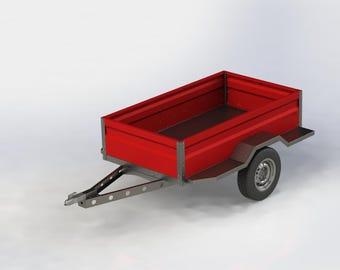 May include: A red utility trailer with a rectangular bed and a single wheel. The trailer has a metal frame and a hitch for towing. The bed of the trailer is empty.