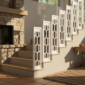 Puede incluir: Una escalera con escalones de madera clara y balaustres decorativos blancos con un diseño geométrico. La escalera conduce a un rellano. Una chimenea de piedra es visible a la izquierda.