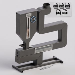 Könnte beinhalten: Ein dunkelgrauer Metall-Pellet-Ofen mit vertikalem Trichter, Sichtfenster und Z-förmigem Abgasrohr. Das Gerät trägt die Aufschrift PELLET und 120x120 Z-STOVE. Enthält digitale Dateisymbole für DXF, STEP, STL, X_T, IGS sowie eine PDF-Montageanleitung.