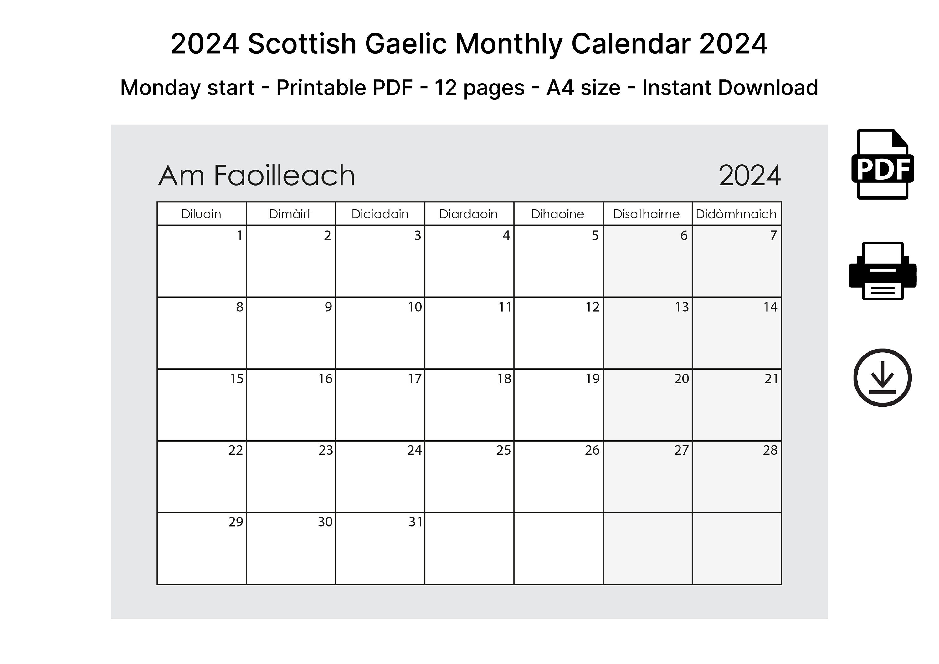 Scottish Gaelic 2024 Monthly Calendar A4 Printable Download Etsy
