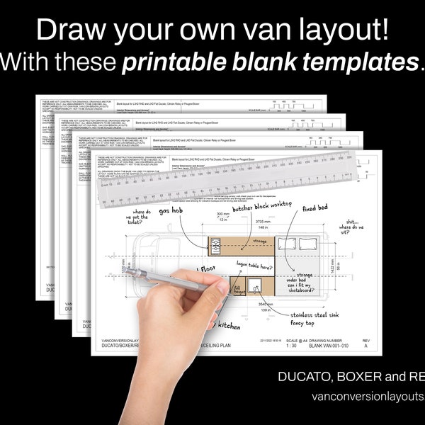 Ducato, Boxer, Relay Printable DIY Design Blank Van Layout Templates for (L3H2) Fiat, Peugeot and Citroen A4 Size