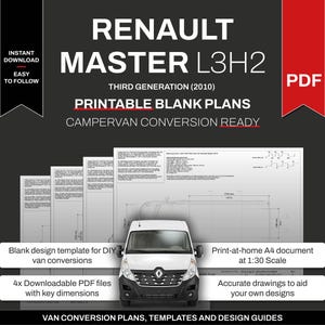 Puede incluir: Planos en blanco imprimibles para convertir una furgoneta Renault Master L3H2 en una autocaravana. Los planos son para la tercera generación de la furgoneta, que se lanzó en 2010. Los planos están disponibles como un archivo PDF descargable e incluyen dimensiones clave.