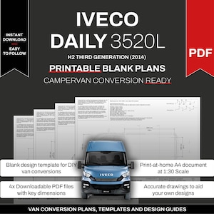 Puede incluir: Planos en blanco imprimibles para convertir una furgoneta IVECO Daily 3520L en una autocaravana. Los planos son para el modelo H2 de tercera generación (2014) y están a escala 1:30. Los planos se pueden descargar como cuatro archivos PDF e incluyen las dimensiones clave.