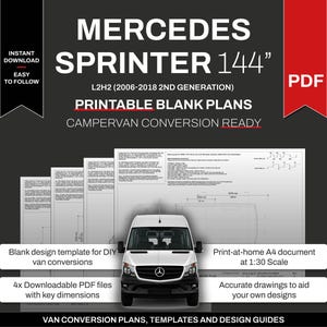 Mercedes Sprinter 144 L2H2 afdrukbare DIY ontwerp blanco bestelwagen lay-outsjablonen voor (L3H2) 170&quot; wielbasis A4-formaat