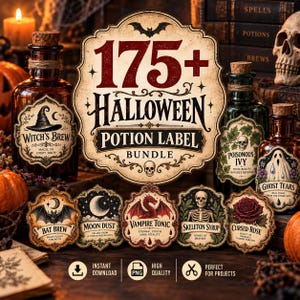 Peut inclure: Une collection d'étiquettes de potions d'Halloween décoratives avec une typographie et des illustrations de style vintage, incluant un chapeau de sorcière, un crâne, une chauve-souris, une lune, un dragon, un squelette et une rose.