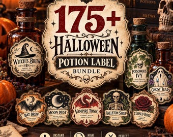 Oltre 175 etichette per pozioni di Halloween, etichette da farmacia vintage, adesivi per bottiglie a tema stregoneria, pacchetto PNG