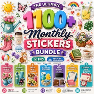 Può includere: Un set di adesivi digitali con il testo THE ULTIMATE 1100+ MONTHLY STICKERS BUNDLE. La collezione include illustrazioni colorate di un sole, farfalla, fiori, caffè, gatto, arcobaleno, limonata, gelato e sette riquadri di categoria etichettati.