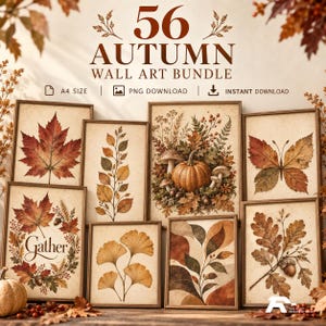 Op de afbeelding: Een digitale collectie van 56 herfstwandkunstprints met botanische illustraties van esdoornbladeren, pompoenen, paddenstoelen, ginkgobladeren en eikels. De tekst op de afbeelding luidt 56 AUTUMN WALL ART BUNDLE.