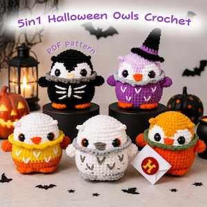 May include: Five crocheted owl plushies featuring Halloween themes, including a skeleton, a witch, a candy corn owl, a white owl, and an orange owl with a letter. The text 5in1 Halloween Owls Crochet PDF pattern is displayed above the plushies.