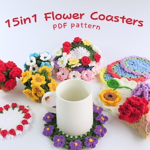 15-in-1 Flower Coasters Crochet PDF Pattern, Crochet Coasters Pattern, Flower Coaster Amigurumi, Sunflower Coasters, Rose Coasters