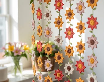 Sunflower Garland Crochet Pattern, SunFlower Curtain hanging crochet, Spring Floral Decor, Flower Garland, Garden Wall Hanging Crochet