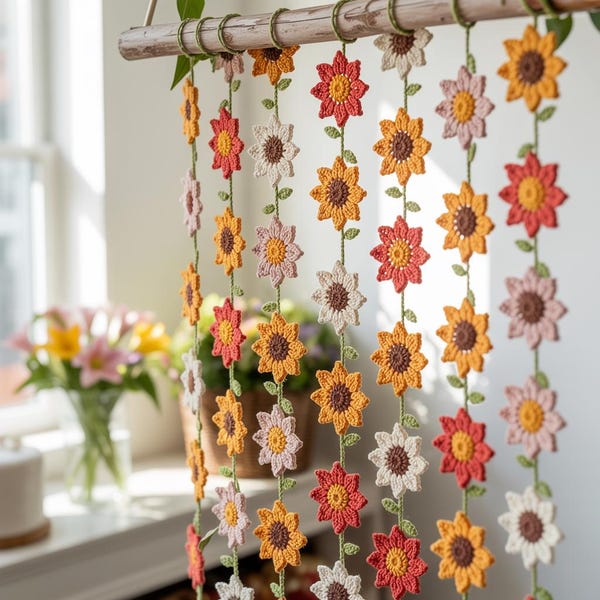 Sunflower Garland Crochet Pattern, SunFlower Curtain hanging crochet, Spring Floral Decor, Flower Garland, Garden Wall Hanging Crochet