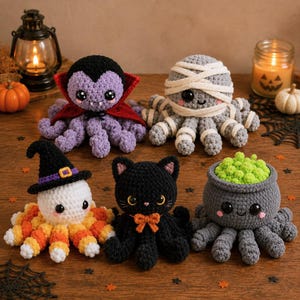 May include: Five crocheted plush toys featuring Halloween themes: a purple vampire octopus with a red cape, a grey mummy octopus, a white candy corn octopus with a witch hat, a black cat octopus with an orange bow, and a grey cauldron octopus.