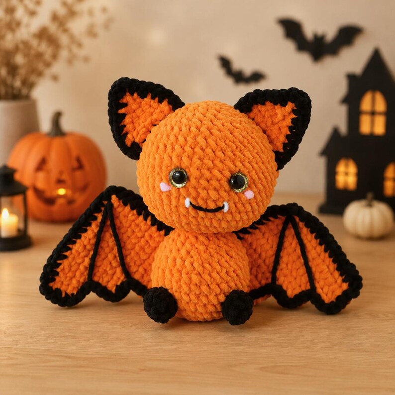 May include: A plush crochet bat toy made of orange yarn with black yarn accents on the ears and wings. The bat features two large glossy black eyes, small white fangs, and pink embroidered cheeks. The soft, textured yarn creates a rounded body.