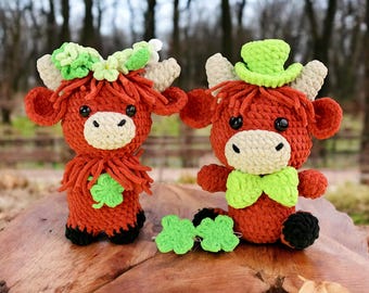Highland Cow Crochet Pattern, St. Patrick's Day Shamrock Pattern, Cow Stuffed Plush Easy Amigurumi, Farm Animal Cow Plushie Crochet Pattern