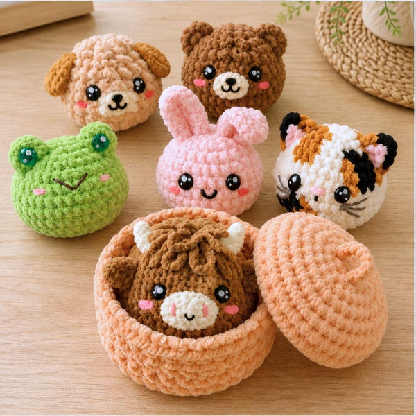 Puede incluir: Un conjunto de seis pequeñas figuras de animales tejidas a ganchillo, que incluyen un perro beige, un oso marrón, una rana verde, un conejo rosa, un gato calicó y una vaca highland marrón dentro de un recipiente de ganchillo color melocotón.