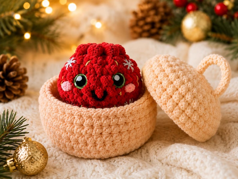 Peut inclure: Un contenant crochet&eacute; rond de couleur p&ecirc;che avec un couvercle assorti est pos&eacute; &agrave; c&ocirc;t&eacute; d'un petit personnage crochet&eacute; sph&eacute;rique rouge. Le personnage rouge pr&eacute;sente de grands yeux noirs, un sourire brod&eacute;, des joues roses et des flocons blancs.