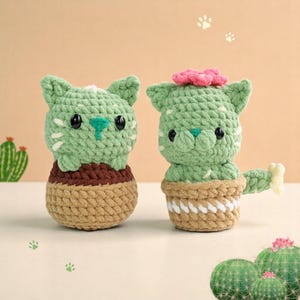 Cactus Cat Crochet Pattern, Chubby Cats Easy Amigurumi, Crochet Plushies Cactus Plant Pot Bundle, Low Sew Loaf Cat Flower Pattern, Cat Lover image 6