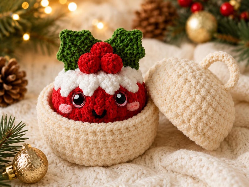 Peut inclure: Un personnage de pudding rouge au crochet avec un dessus en gla&ccedil;age blanc, des feuilles de houx vertes et des baies rouges, nich&eacute; dans un bol en crochet cr&egrave;me avec un couvercle assorti. Le pudding a des yeux noirs et un sourire rose.