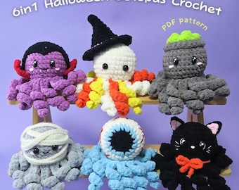 6in1 NO SEW Halloween Octopus Crochet Pattern PDF,  Vampire, Cauldron Octopus, Candy Corn Octopus,  Beginner Friendly Spooky Plushie Bundle