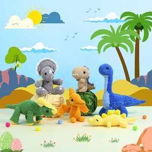 Dinosaurie 6-i-1 virkmönster, Stegosaurus/Tyrannosaurus/Brachiosaurus/Triceratops amigurumimönster, Dinosaur World lågsömsvirkning