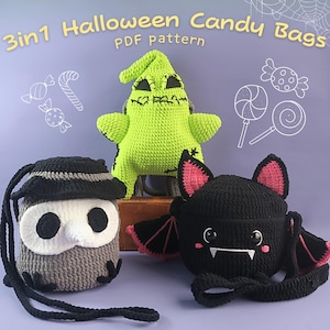 May include: Three crocheted Halloween candy bags: an owl, a bat, and a green Oogie Boogie-like character. The bags are black, grey, white, and pink, with the text "3in1 Halloween Candy Bags PDF pattern" at the top.