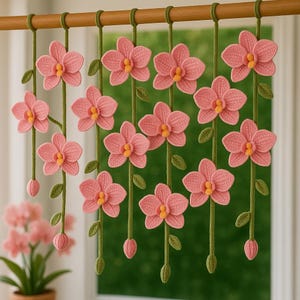 蘭の花のガーランドかぎ針編みパターン、春の花飾り、母の日ギフト、ヴィンテージかぎ針編みカーテンパターン、レースの窓飾り