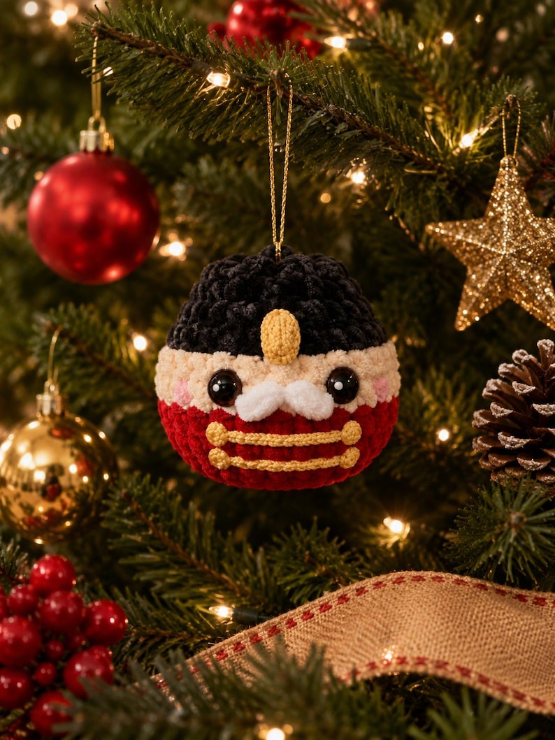 Peut inclure: Une d&eacute;coration de No&euml;l en crochet en forme de casse-noisette rond, avec un chapeau noir, un visage beige aux yeux en boutons noirs, une moustache blanche et un corps rouge orn&eacute; de deux lignes horizontales en fil dor&eacute;.