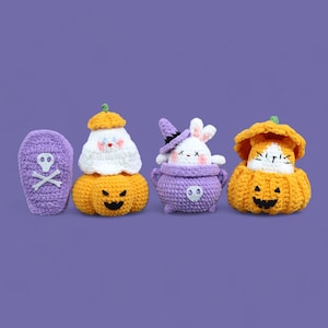 Halloween Bundle Crochet Pattern, Pumpkin Cat Crochet Pattern, Cauldron Bunny Pattern, Halloween Coffin Ghost Jack O Lantern Amigurumi