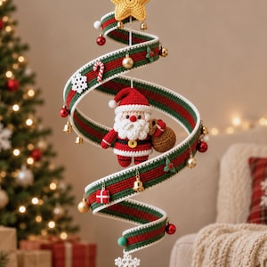 May include: A hanging spiral Christmas decoration featuring a crocheted yellow star at the top and a Santa Claus figure in the center. The spiral ribbon is green with red and white stripes, adorned with small bells, ornaments, and snowflakes.