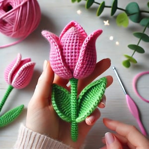 Tulip Häkelanleitung, süßes einfaches DIY häkeln, anfängerfreundliche Häkelblumen-Anleitung, Blumenstrauß DIY, Frühlings-Häkelanleitung