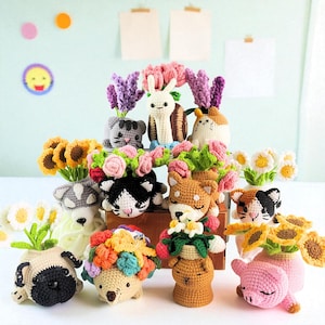 11-in-1 Flower Animal Pots Crochet PDF Pattern, How to Crochet Animal Pot Amigurumi, Mini Flower Crochet Pattern, Cute Flower Pot Crochet