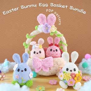 Pacote de padrões de crochê para cesta de ovos de coelho da Páscoa, padrões de crochê em PDF para ovo de coelho com flor e cesta de coelho da Páscoa, gráfico de amigurumi de coelho da primavera
