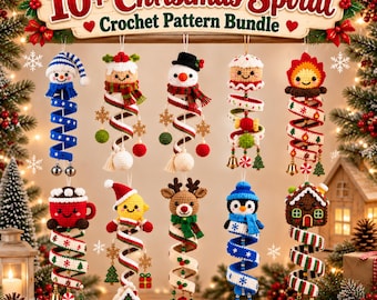 Peut inclure: Une collection de dix décorations suspendues au crochet représentant des personnages de Noël comme un bonhomme de neige, un renne, un pingouin et une maison en pain d'épices. Chaque ornement possède une base en spirale avec des grelots.