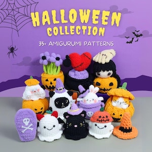 May include: A collection of 35+ Halloween amigurumi crochet patterns featuring a variety of characters, including ghosts, pumpkins, bats, and a black cat. The characters are all made with yarn in various colors, including orange, purple, white, and black.