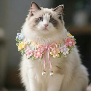 Op de afbeelding: Een pluizige witte kat met blauwe ogen draagt een gehaakte bloemenkraag. De kraag heeft pastelkleurige bloemen in roze, geel en blauw, met een roze strik en parelaccenten. De kat kijkt omhoog.