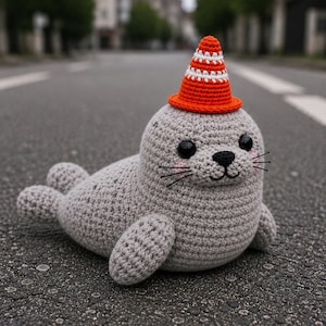 Puede incluir: Un peluche de foca tejido a ganchillo en color gris con cuerpo redondeado, ojos de plástico negro, nariz bordada en negro y mejillas rosadas. La foca lleva un pequeño cono de tráfico naranja brillante con dos franjas blancas horizontales.