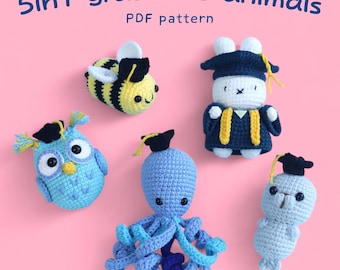 5-in-1 graduate animals , Graduation Crochet Pattern PDF, Graduation Gift, Back To School DIY Pattern, Easy Amigurumi, School Day Amigurumi