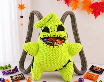 Handmade Boogie Crochet Candy Bag, Halloween Trick or Treat Bag, Spooky Plush Amigurumi Backpack, Made to Order