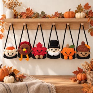 6-i-1 virkmönster för hösthängande, Thanksgiving Amigurumi PDF, Pumpa Kalkon Ekollon Lönnlöv Ornament, Höst DIY Virkad Dekor