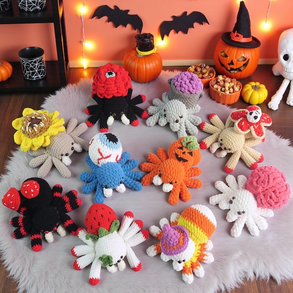10-in-1 Spinnen-Häkelanleitung (einfaches Nähen) als PDF herunterladen, niedliche Halloween-Amigurumi-Plüschtiere als PDF, gruselige Herbst-Plüschtier-Amigurumi-Dekoration