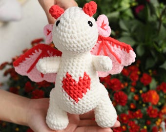 Wzór na szydełkowanie Kupidyna Smoka na Walentynki, wiosenny pluszowy smok na szydełku, serdeczny wzór amigurumi Smoka, samouczek wzoru na Walentynki w formacie PDF
