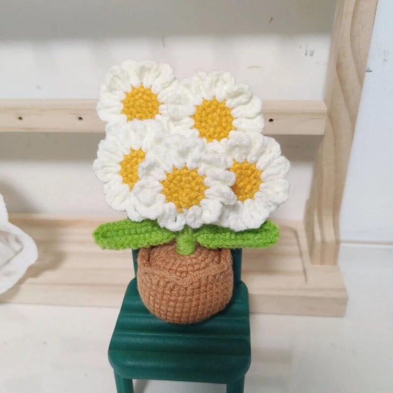 Virkmönster med daisy-kruka, virkmönster med blommor och växter, mini-daisy-heminredning, amigurumi i PDF-format på engelska, kawaii plyschleksak med daisy-kruka bild 2