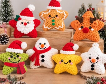 NO-SEW Christmas Star Ornament Crochet Pattern, Santa Reindeer Snowman Grinch Amigurumi PDF